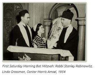 First Saturday Morning Bat Mitzvah: Rabbi Stanley Rabinowitz, Linda Grossman, Cantor Morris Amsel, 1954
